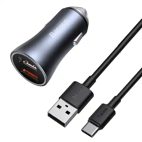 ⁨Baseus Golden Contactor Pro Car Charger, 2x USB, 40W (grey) + USB to USB-C cable 1m (black)⁩ at Wasserman.eu