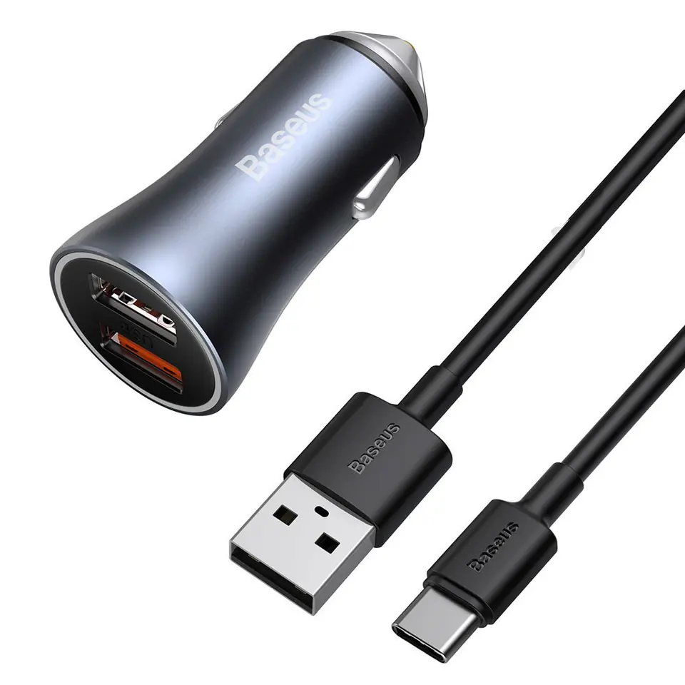 ⁨Szybka ładowarka samochodowa 2x USB 40W QC SCP FCP AFC + kabel USB-C szary⁩ w sklepie Wasserman.eu