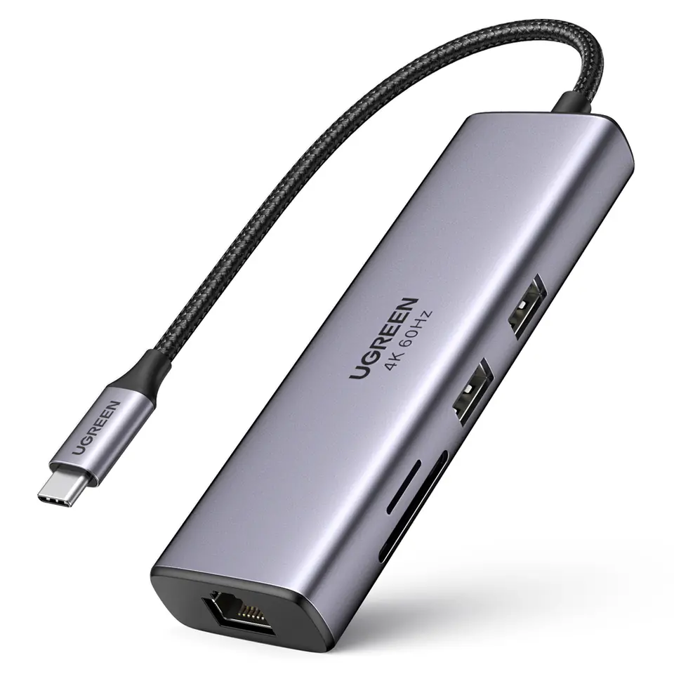 ⁨7w1 wielofunkcyjny HUB USB-C - 2x USB HDMI 4K czytnik kart SD i TF USB-C RJ45 1Gbps szary⁩ w sklepie Wasserman.eu
