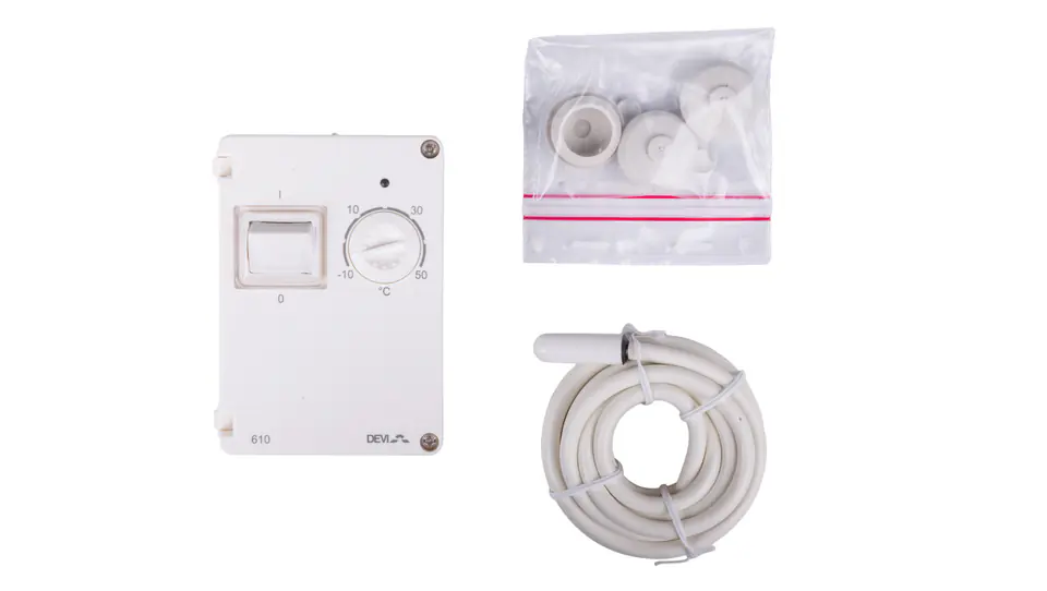 ⁨Thermostat DEVIreg 610 230V 10A -10-50CIP44 white 140F1080⁩ at Wasserman.eu