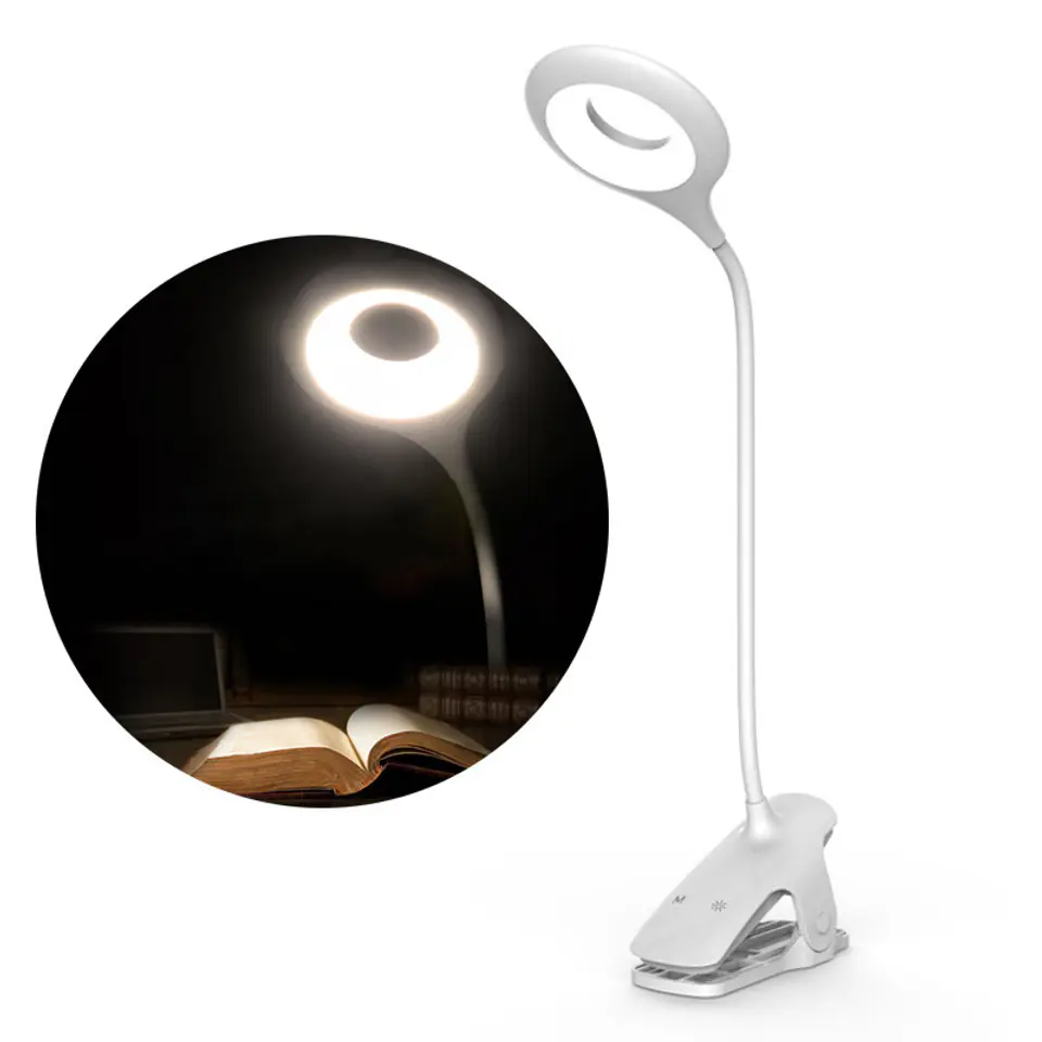 ⁨Bezprzewodowa lampka LED do czytania z klipsem + kabel micro USB biały⁩ w sklepie Wasserman.eu