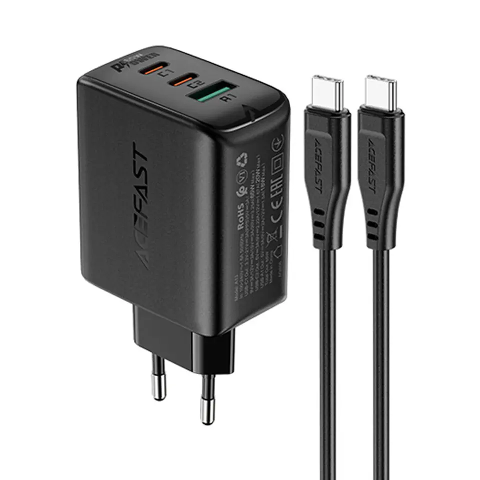 ⁨Acefast 2w1 ładowarka sieciowa 2x USB Typ C / USB 65W, PD, QC 3.0, AFC, FCP (zestaw z kablem) czarny (A13 black)⁩ w sklepie Wasserman.eu