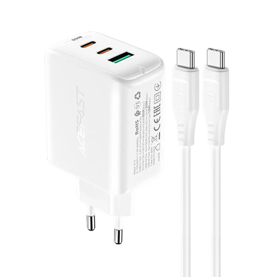 ⁨Wall charger Acefast A13 PD 65W, 2x USB-C + USB (white)⁩ at Wasserman.eu