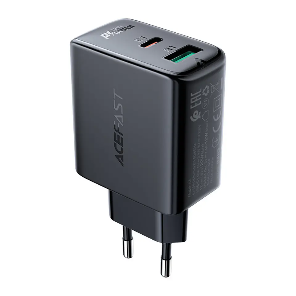 ⁨Acefast A5 PD32W wall charger, USB + USB-C (black)⁩ at Wasserman.eu