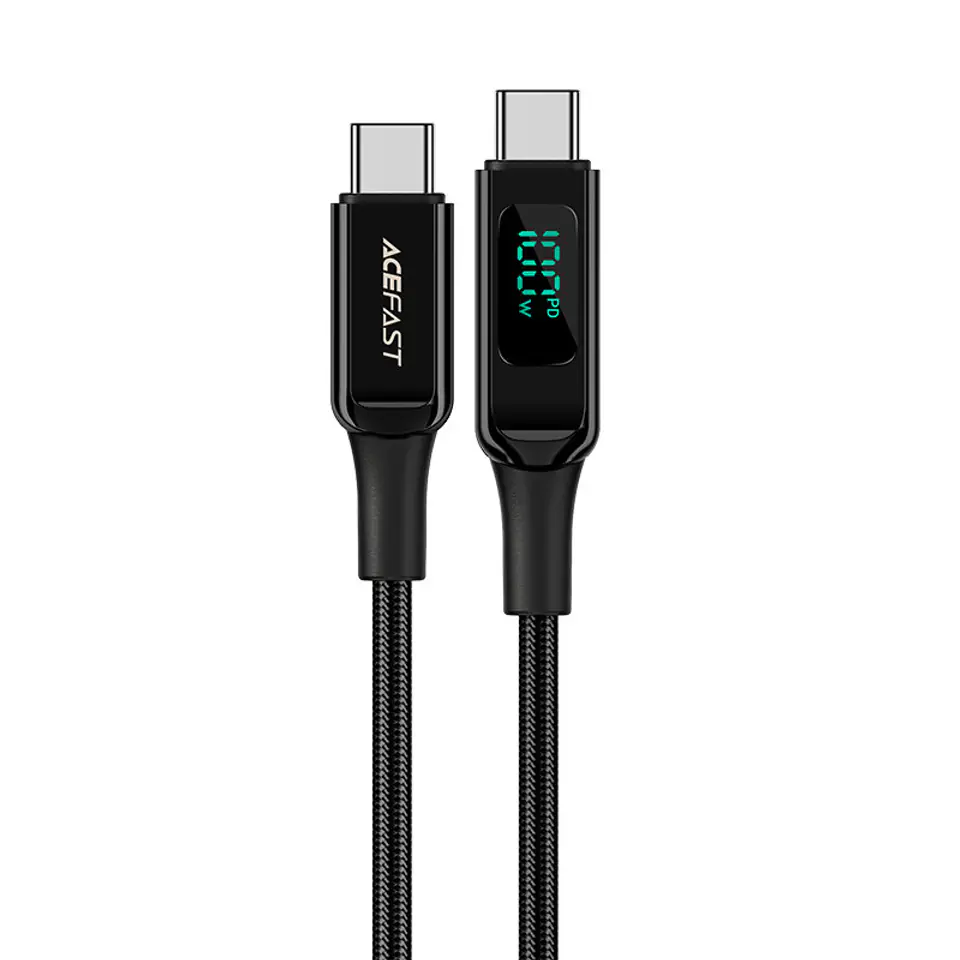 ⁨Kabel przewód w oplocie z ekranem LED USB-C 100W 20V 5A 2m czarny⁩ w sklepie Wasserman.eu