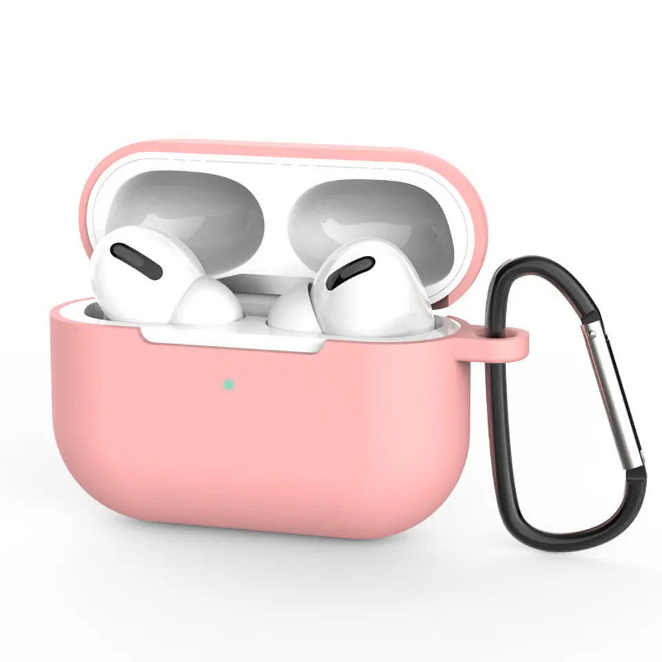 ⁨Etui do AirPods Pro silikonowy miękki pokrowiec na słuchawki + brelok karabińczyk zawieszka różowy (case D)⁩ w sklepie Wasserman.eu