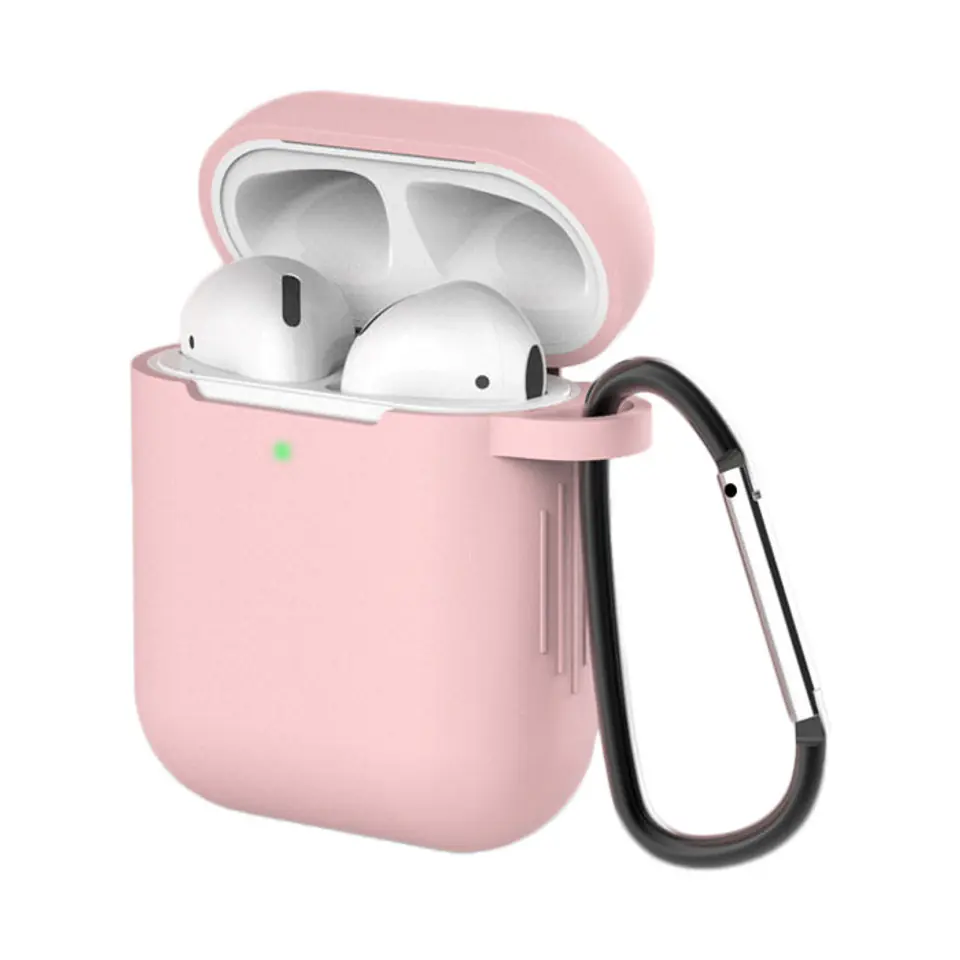 ⁨Etui do AirPods 2 / AirPods 1 silikonowy miękki pokrowiec na słuchawki + brelok karabińczyk zawieszka różowy (case D)⁩ w sklepie Wasserman.eu