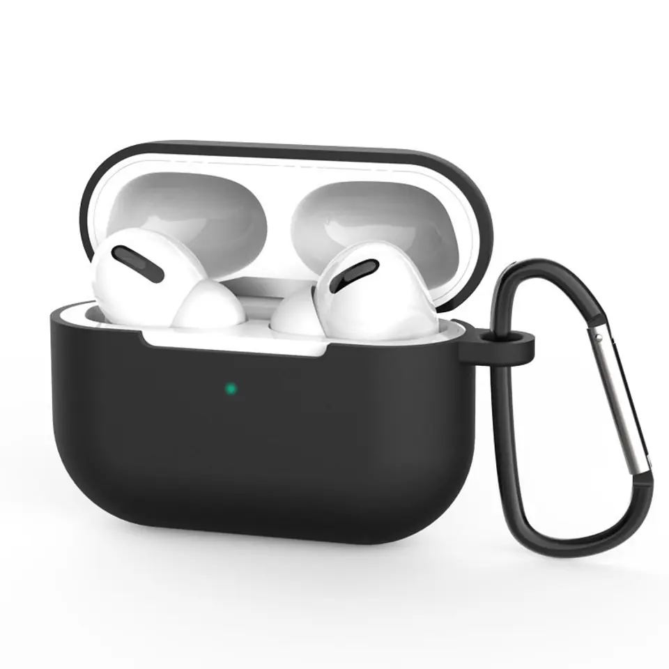 ⁨Etui do AirPods Pro silikonowy miękki pokrowiec na słuchawki + brelok karabińczyk zawieszka czarny (case D)⁩ w sklepie Wasserman.eu