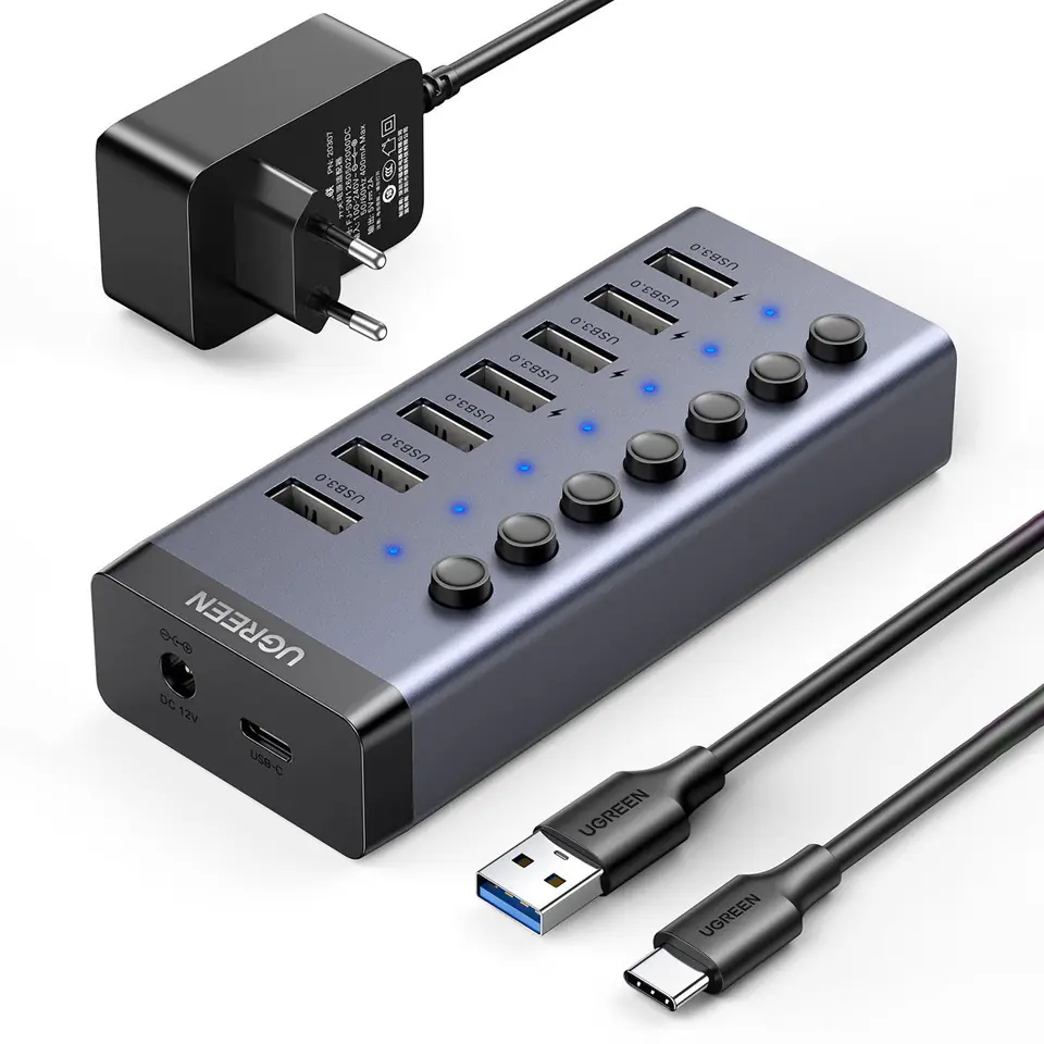 ⁨UGREEN 7in1 USB-C Hub, 7x USB-A 3.0 12V 2A (Black)⁩ at Wasserman.eu