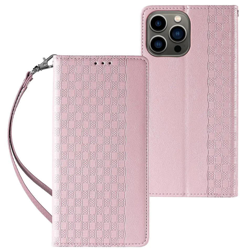 ⁨Magnet Strap Case etui iPhone 14 Pro Max pokrowiec z klapką portfel mini smycz podstawka różowe⁩ w sklepie Wasserman.eu