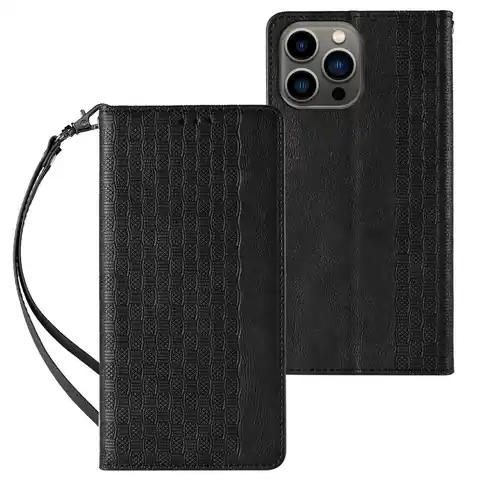 ⁨Magnet Strap Case etui iPhone 14 Plus pokrowiec z klapką portfel mini smycz podstawka czarne⁩ w sklepie Wasserman.eu