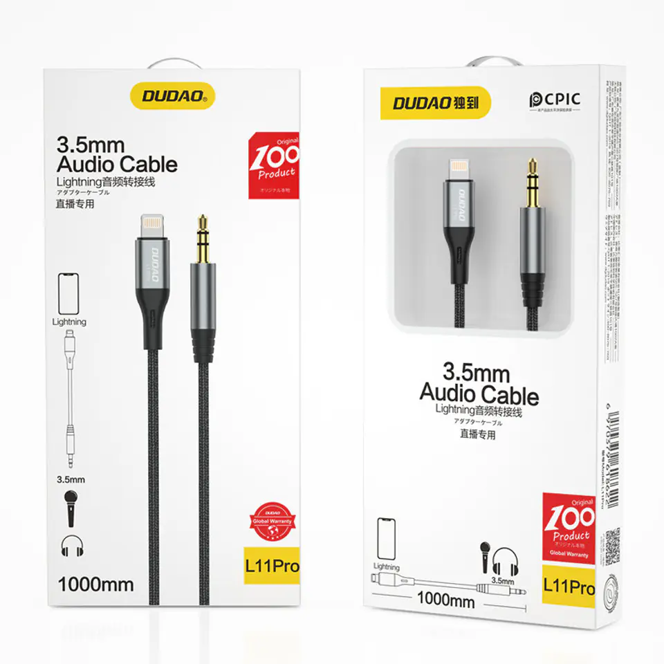 ⁨Kabel audio AUX w oplocie bawełnianym iPhone Lightning - mini jack 3.5mm 1m szary⁩ w sklepie Wasserman.eu