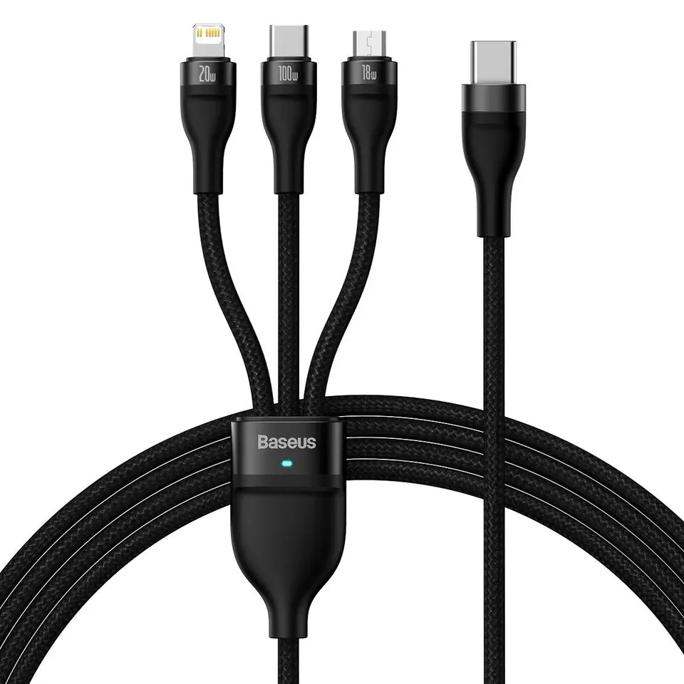 ⁨Baseus Flash Series 2 USB 3in1 cable, USB-C + micro USB + Lightning, 100W, 1.5m (black)⁩ at Wasserman.eu