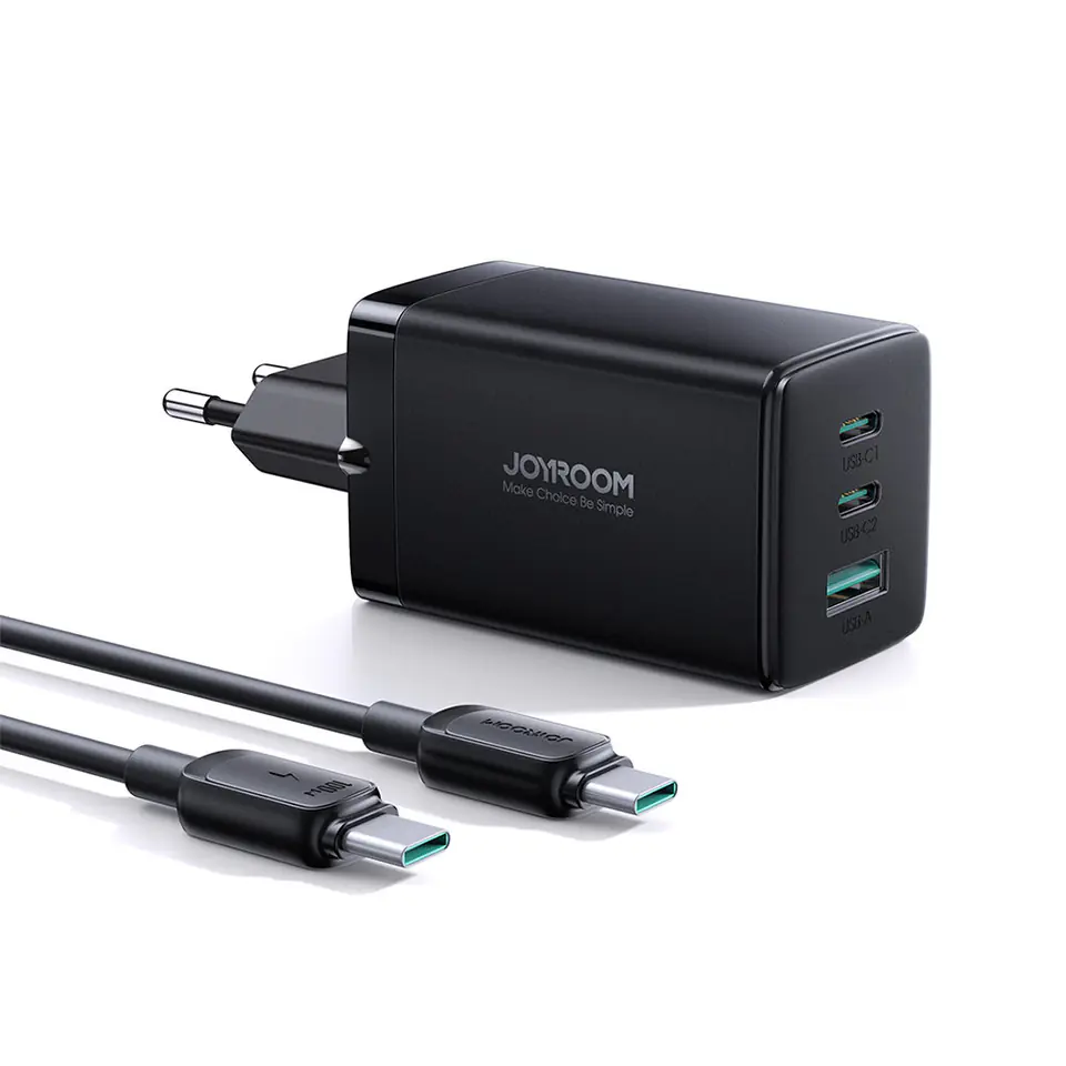 ⁨Joyroom szybka ładowarka GaN 65W USB, 2x USB C czarna + kabel USB C - USB C 100W 1.2m (TCG01)⁩ w sklepie Wasserman.eu