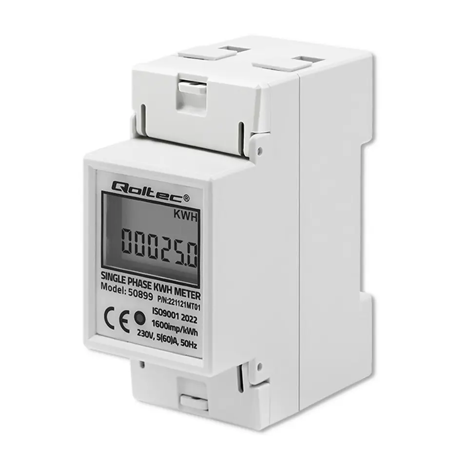 ⁨Qoltec 50899 Single phase electronic energy consumption meter | 230 V | LCD | 2P | DIN rail⁩ at Wasserman.eu