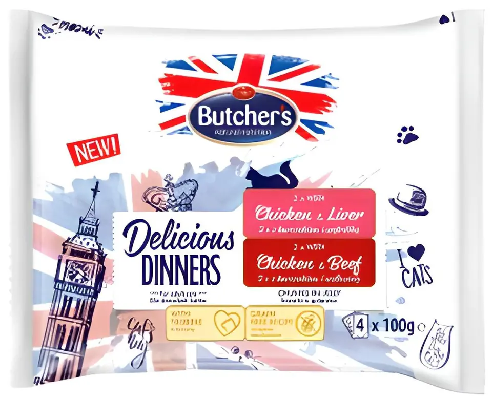 ⁨BUTCHER'S Delicious Dinners Chicken with liver, Chicken with beef   - wet cat food - 4 x 100g⁩ at Wasserman.eu