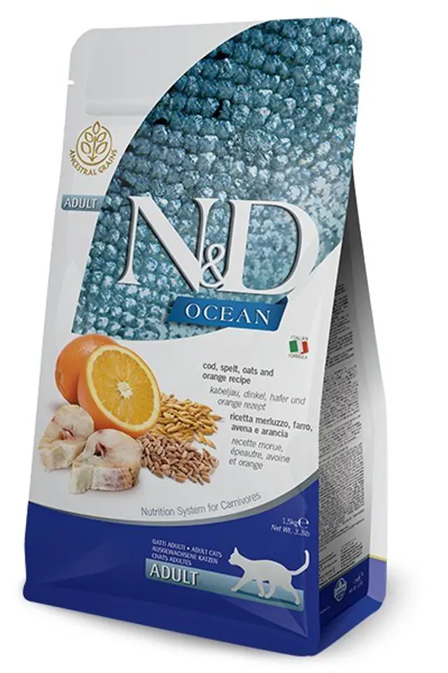 ⁨FARMINA N&D Ocean Cod, Spelt, Oats & Orange Adult - sucha karma dla kota - 1,5kg⁩ w sklepie Wasserman.eu