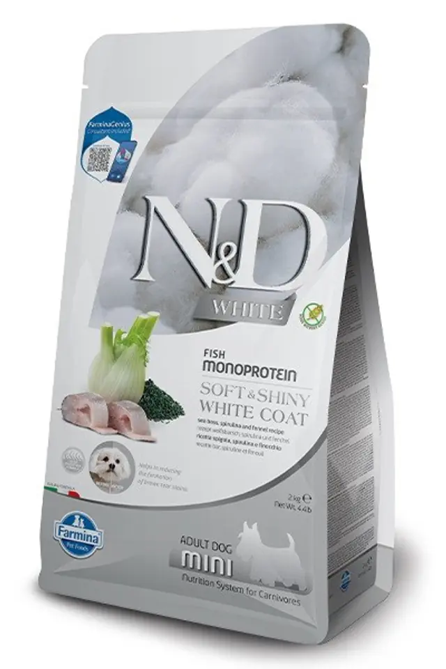⁨FARMINA N&D WHITE DOG SEA BASS, Spirulina and Fennel Adult Mini - sucha karma dla psów ras białych - 2 kg⁩ w sklepie Wasserman.eu