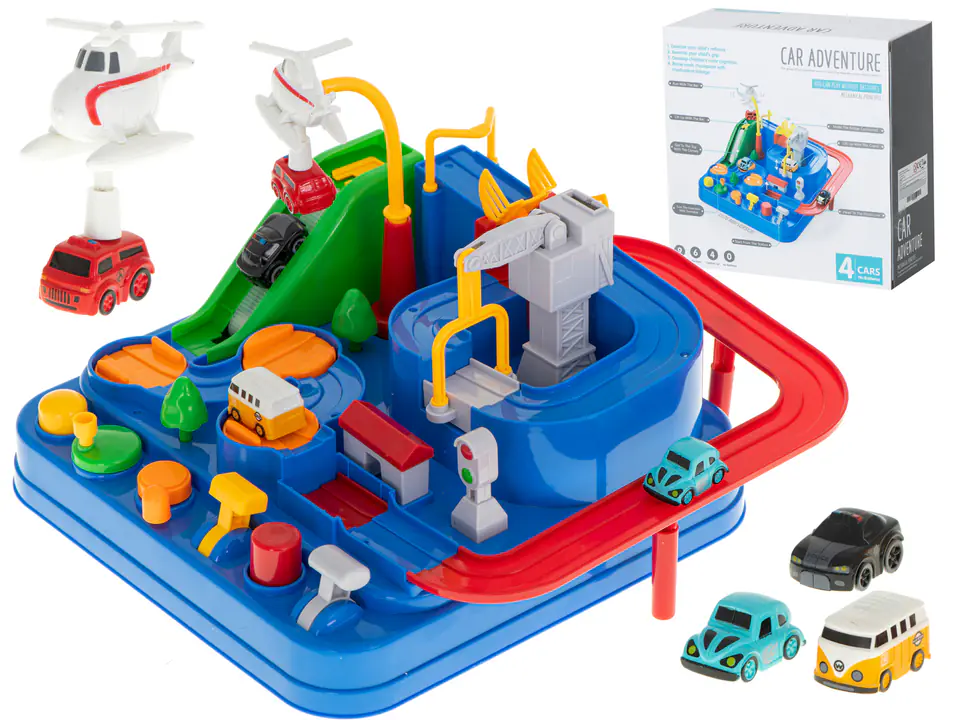 ⁨Tor przeszkód interaktywny samochodowy wyścigi parking 4 pojazdy auto autobus radiowóz wóz strażacki helikopter 24x24cm XL⁩ w sklepie Wasserman.eu