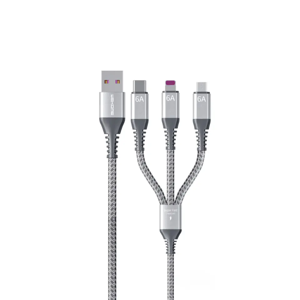 ⁨WEKOME WDC-170 Raython Series - Kabel połączeniowy 3w1 USB-A do USB-C + Lightning + Micro USB Fast Charging PD 1.2 m (Srebrny)⁩ w sklepie Wasserman.eu
