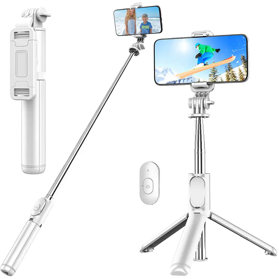 ⁨Selfie Stick Kijek Tripod Statyw Alogy Q01 + Pilot Bluetooth uchwyt na telefon do robienia zdjęć biały⁩ w sklepie Wasserman.eu