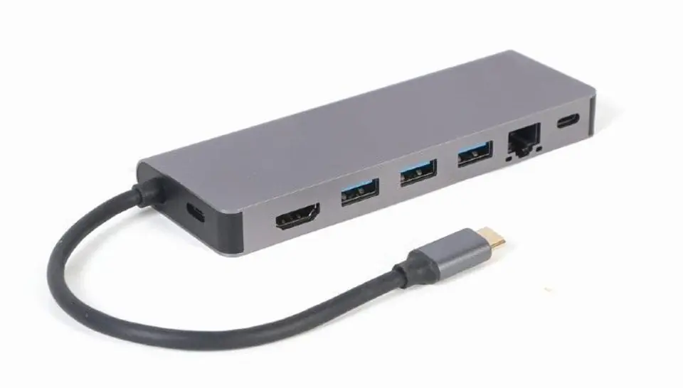 ⁨Adapter USB-C męski do Hub 3.0 + HDMI + PD + czytnik kard + RJ-45 Gembird A-CM-COMBO5-05⁩ w sklepie Wasserman.eu