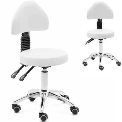 ⁨Krzesło kosmetyczne obrotowe z oparciem na kółkach 48-55 cm BULLE - białe⁩ w sklepie Wasserman.eu