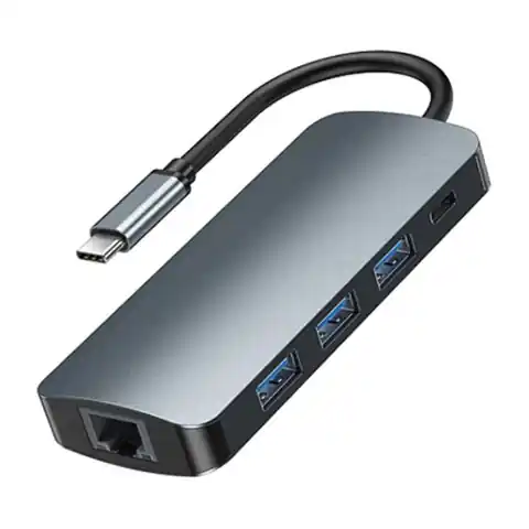 ⁨Hub USB-C 9w1 Remax Retor Series  3x USB 3.0, USB-C, RJ45, HDMI, 3.5 mm, SD/TF (szary)⁩ w sklepie Wasserman.eu