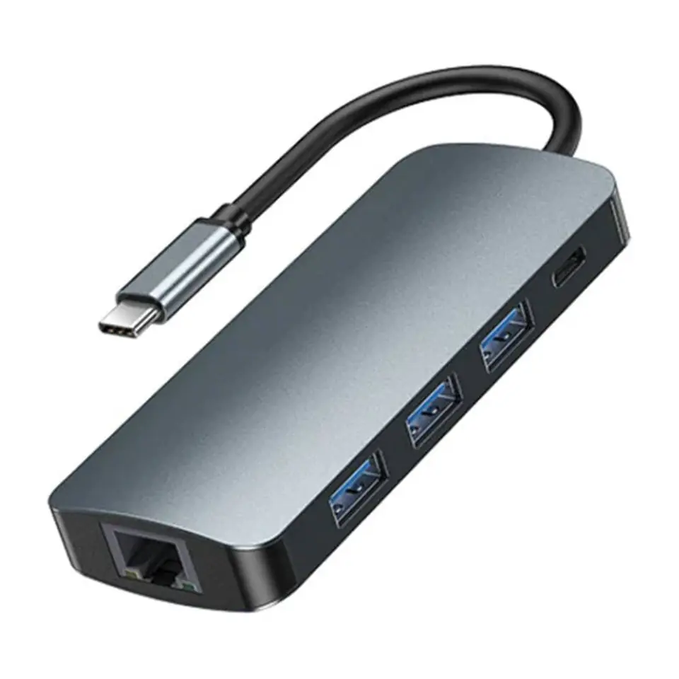 Hub USB-C 9w1 Remax Retor Series 3x USB 3.0, USB-C, RJ45, HDMI, 3.5 mm, SD/TF (szary) w sklepie Wasserman.eu