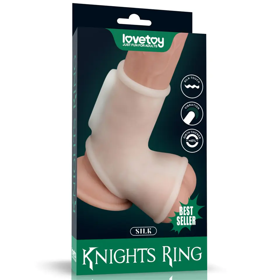 ⁨PIERŚCIEŃ NAKŁADKA VIBRATING SILK KNIGHTS RING WITH SCROTUM SLEEVE (WHITE)⁩ w sklepie Wasserman.eu