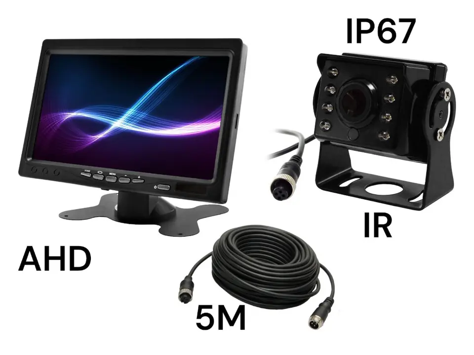 ⁨Monitor samochodowy LCD 7 cali 12/24V kabel 5M oraz kamera cofania 4pin zestaw AHD⁩ w sklepie Wasserman.eu