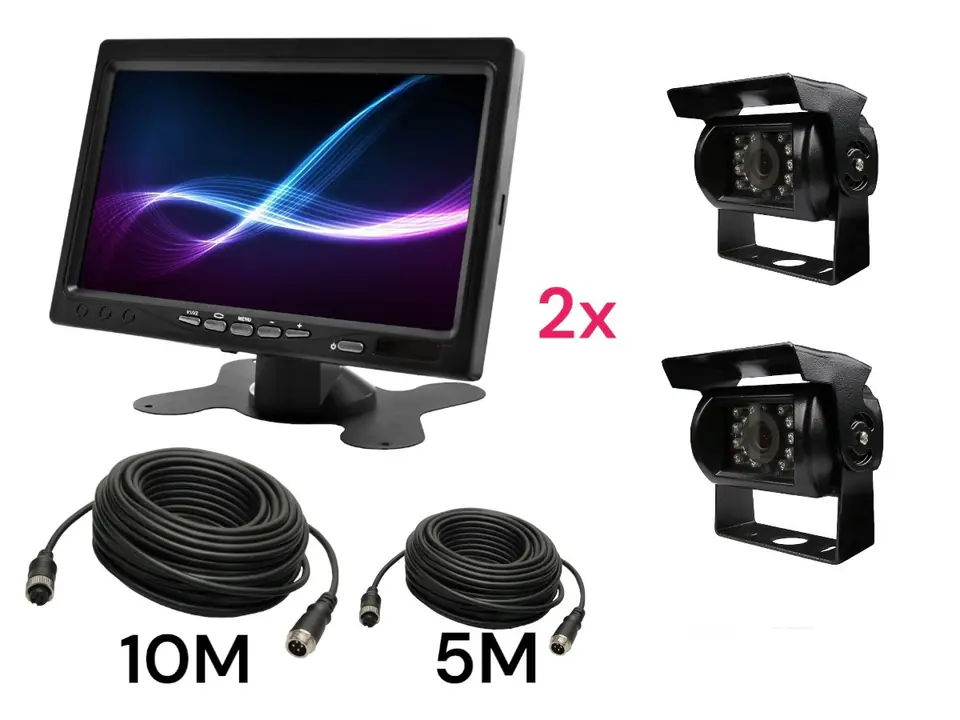⁨Monitor samochodowy LCD 7 cali 12/24V kabel 5M/10M oraz 2x kamera cofania IR 4pin zestaw HD⁩ w sklepie Wasserman.eu