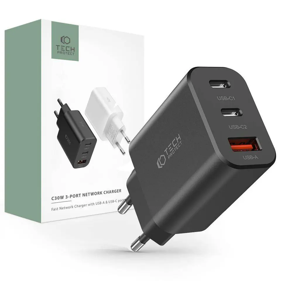 ⁨Ładowarka Sieciowa 30W 2x PD USB-C + QC3.0 USB Tech-Protect C30W czarna⁩ w sklepie Wasserman.eu