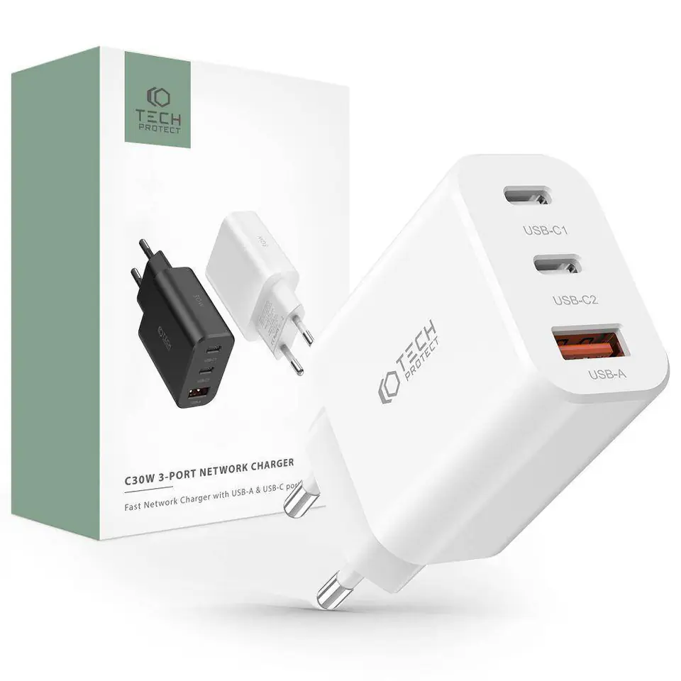 ⁨Ładowarka Sieciowa 30W 2x PD USB-C + QC3.0 USB Tech-Protect C30W biała⁩ w sklepie Wasserman.eu