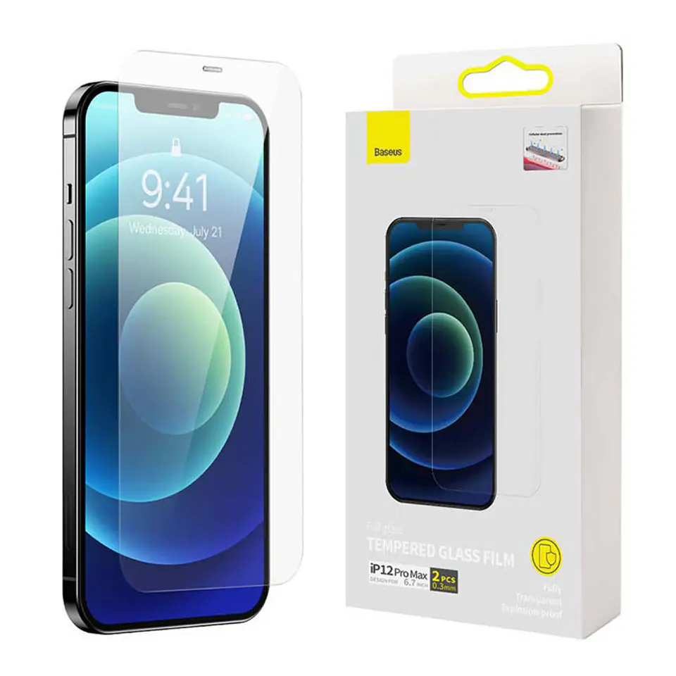 ⁨Baseus 2x Tempered Glass for iPhone 12 Pro Max with Speaker Cover + Positioner (SGBL060802) (case friendly)⁩ at Wasserman.eu