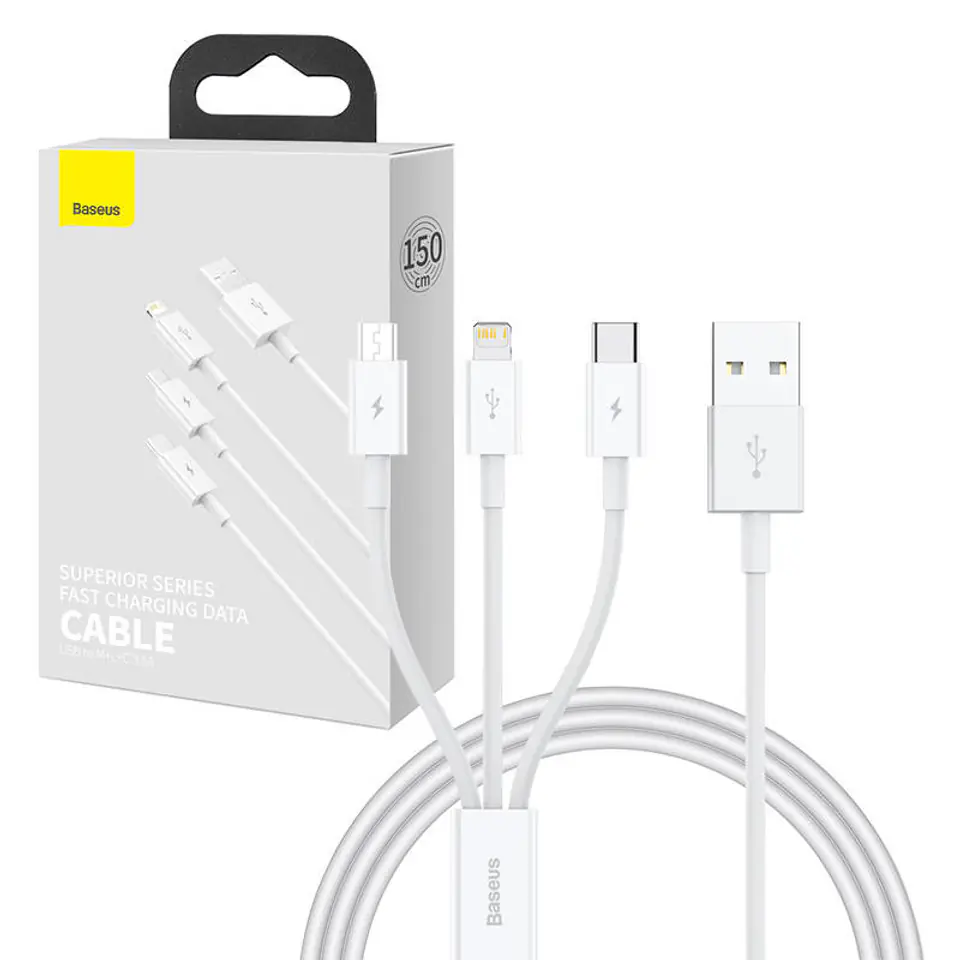 ⁨Kabel szybkiego ładowania  Baseus Superior Data USB do M+L+C 3.5A 1M(White)⁩ w sklepie Wasserman.eu