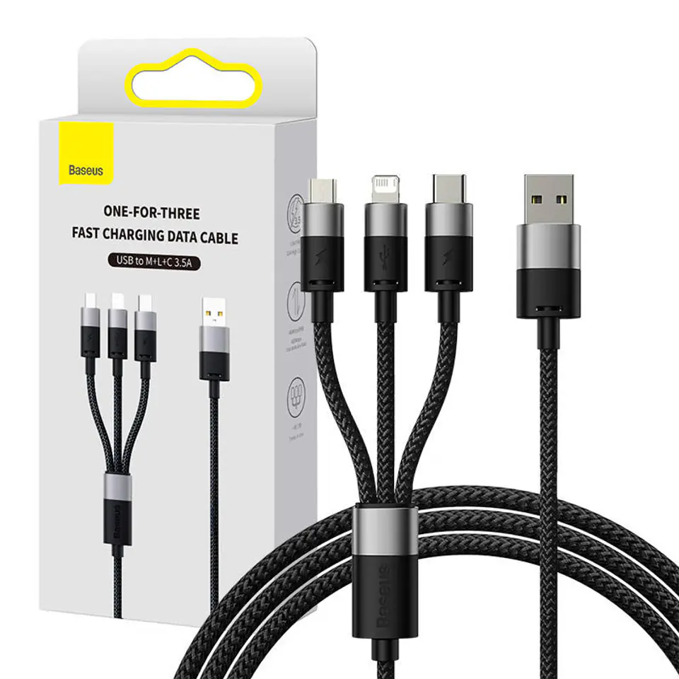 ⁨Kabel szybkiego ładowania  Baseus StarSpeed USB do M+L+C 3.5A 0.6M(BLack)⁩ w sklepie Wasserman.eu