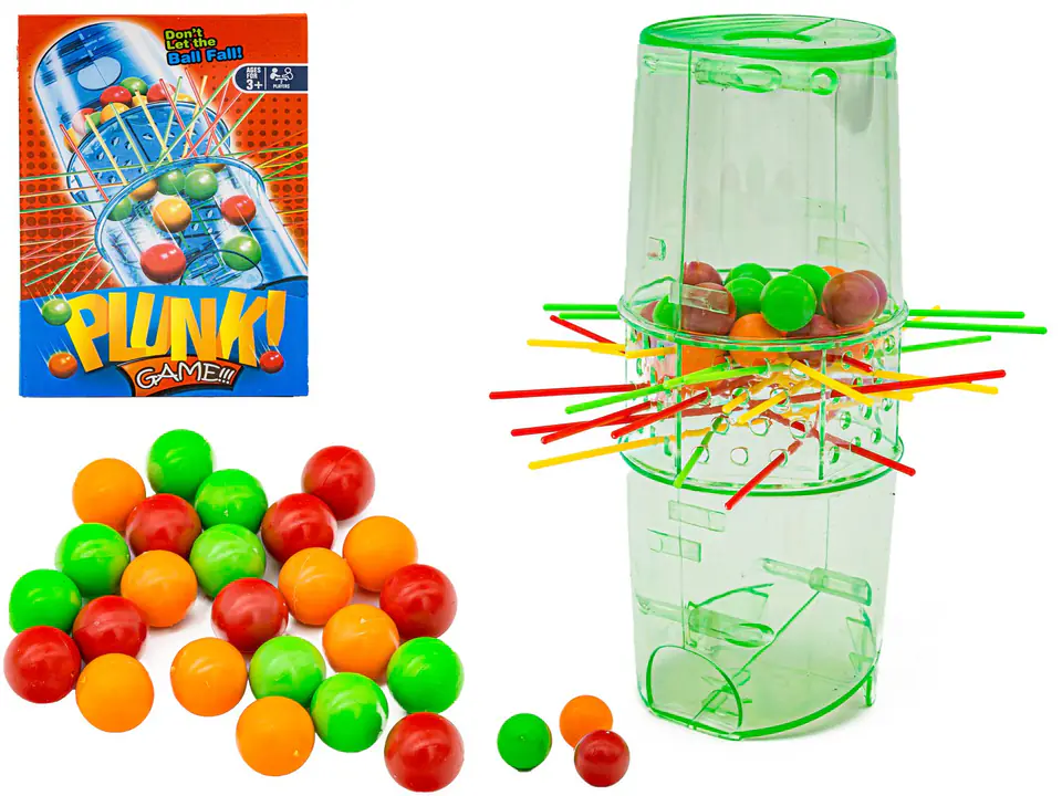 ⁨Arcade game type pieces PLUNK falling balls, tower + colored balls⁩ at Wasserman.eu