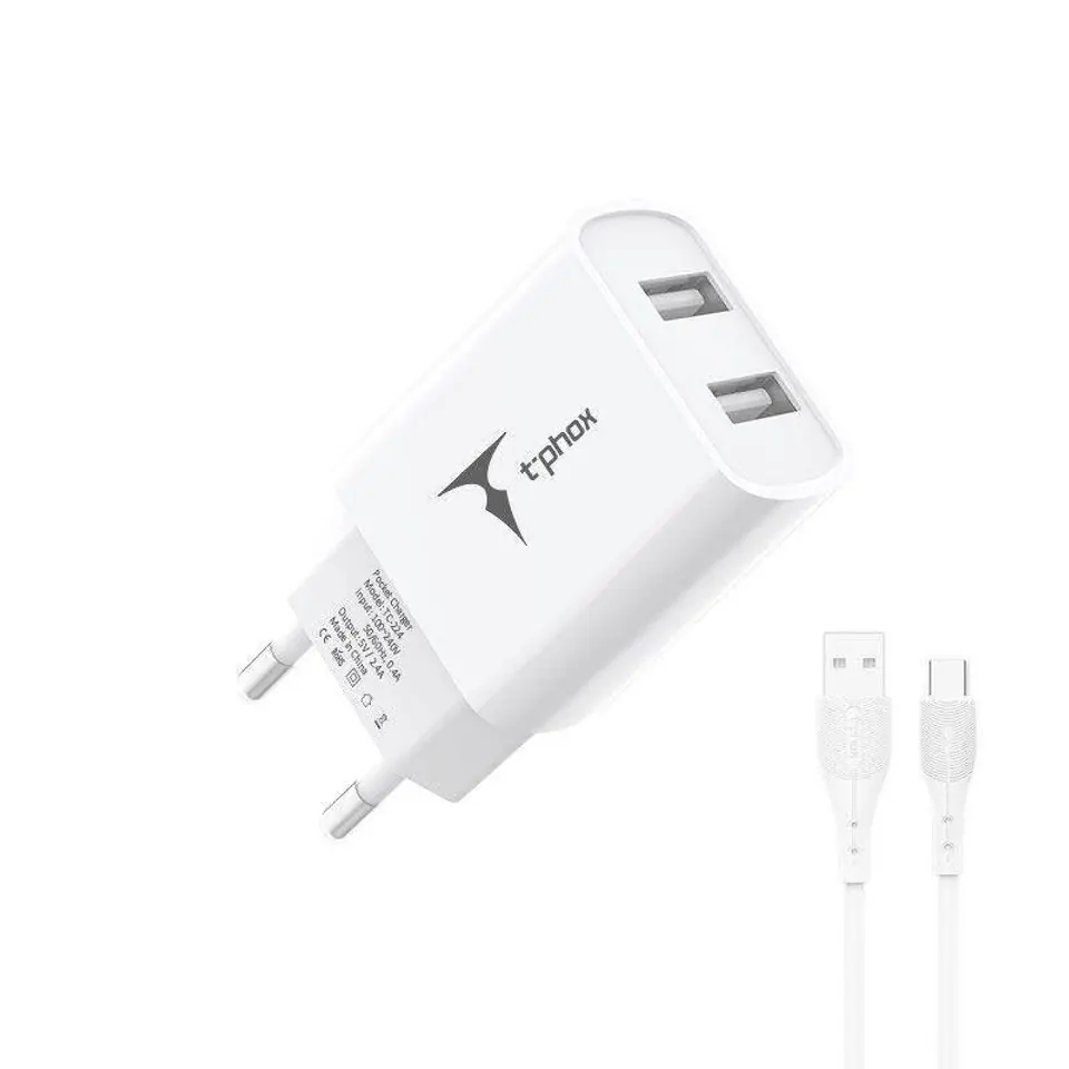 ⁨ŁAD SIEC T-PHOX POCKET SERIES 2xUSB TCC-224 12W + KABEL USB-C WHITE⁩ w sklepie Wasserman.eu