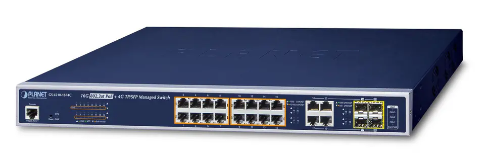 ⁨PLANET GS-4210-16P4C network switch Managed L2/L4 Gigabit Ethernet (10/100/1000) Power over Ethernet (PoE) 1U Blue⁩ at Wasserman.eu