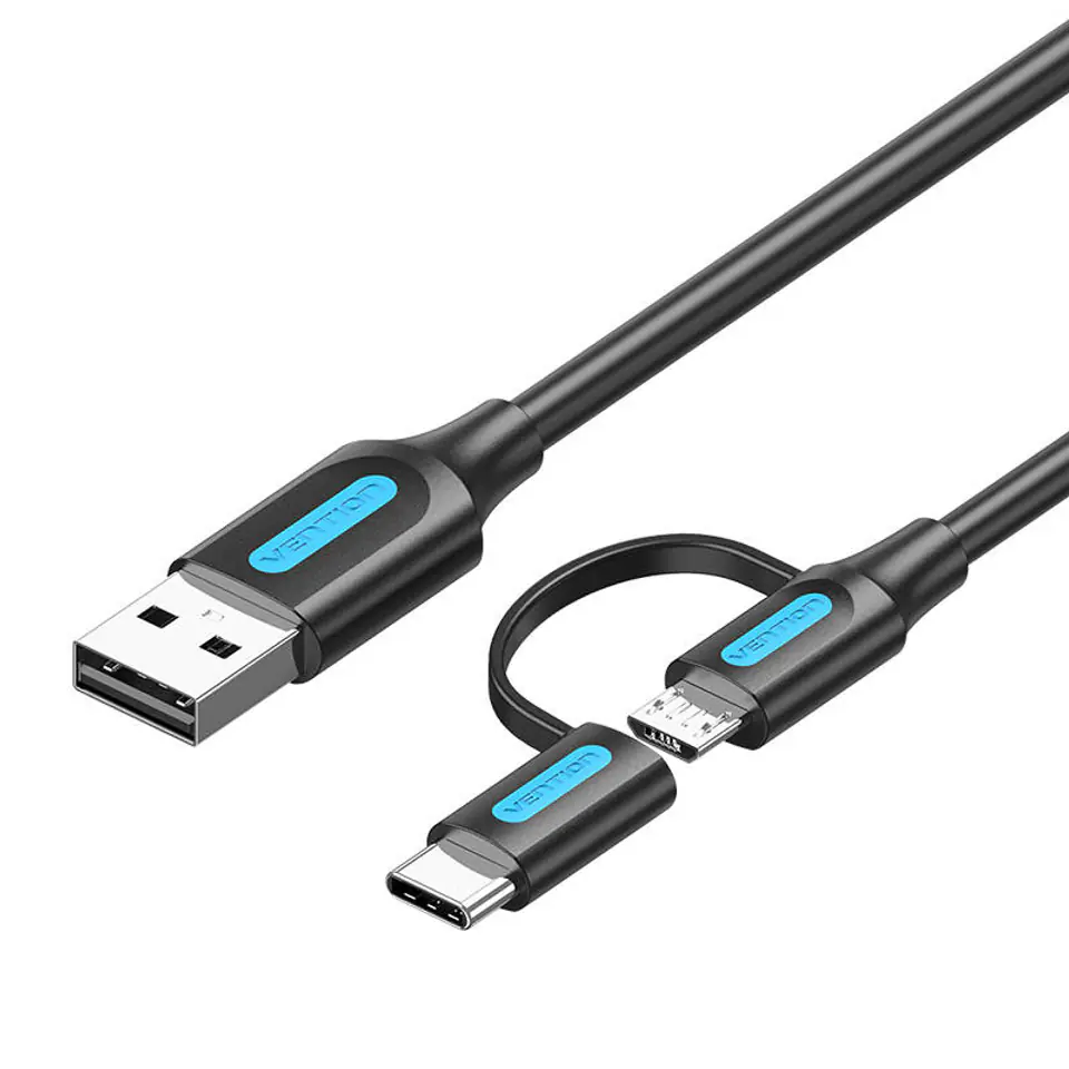 ⁨Kabel 2w1 USB 2.0 do USB-C/Micro USB Vention CQDBF 1m (czarny)⁩ w sklepie Wasserman.eu