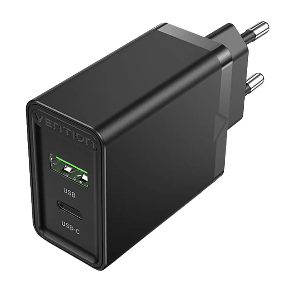 ⁨Ładowarka sieciowa EU USB-A (18W) USB-C (20W) Vention FBBB0-EU 2.4A PD3.0 (czarna)⁩ w sklepie Wasserman.eu