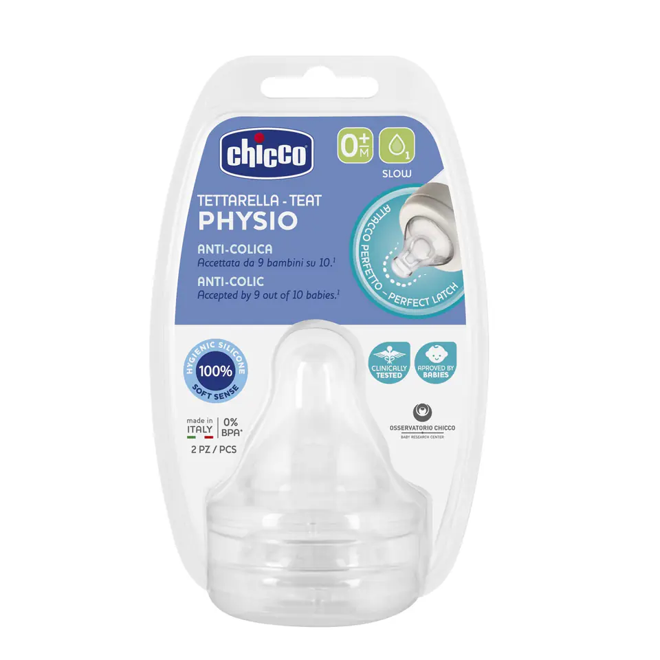 ⁨CHICCO PHYSIO 0M+ Smoczek antykolkowy do butelki, wolny przepływ, 2 szt.⁩ w sklepie Wasserman.eu