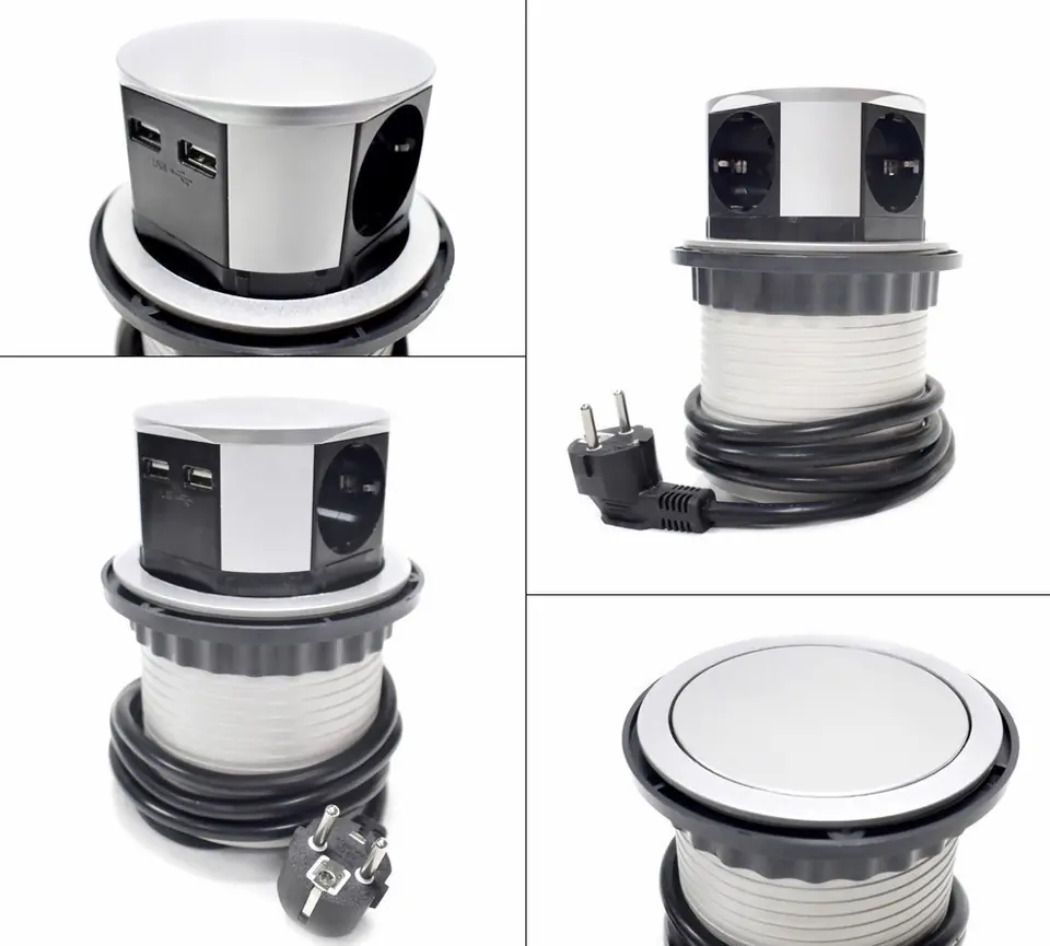 ⁨SILVER TABLE SOCKET CONNECTION TOWER 4 RETRACTABLE SOCKETS⁩ at Wasserman.eu