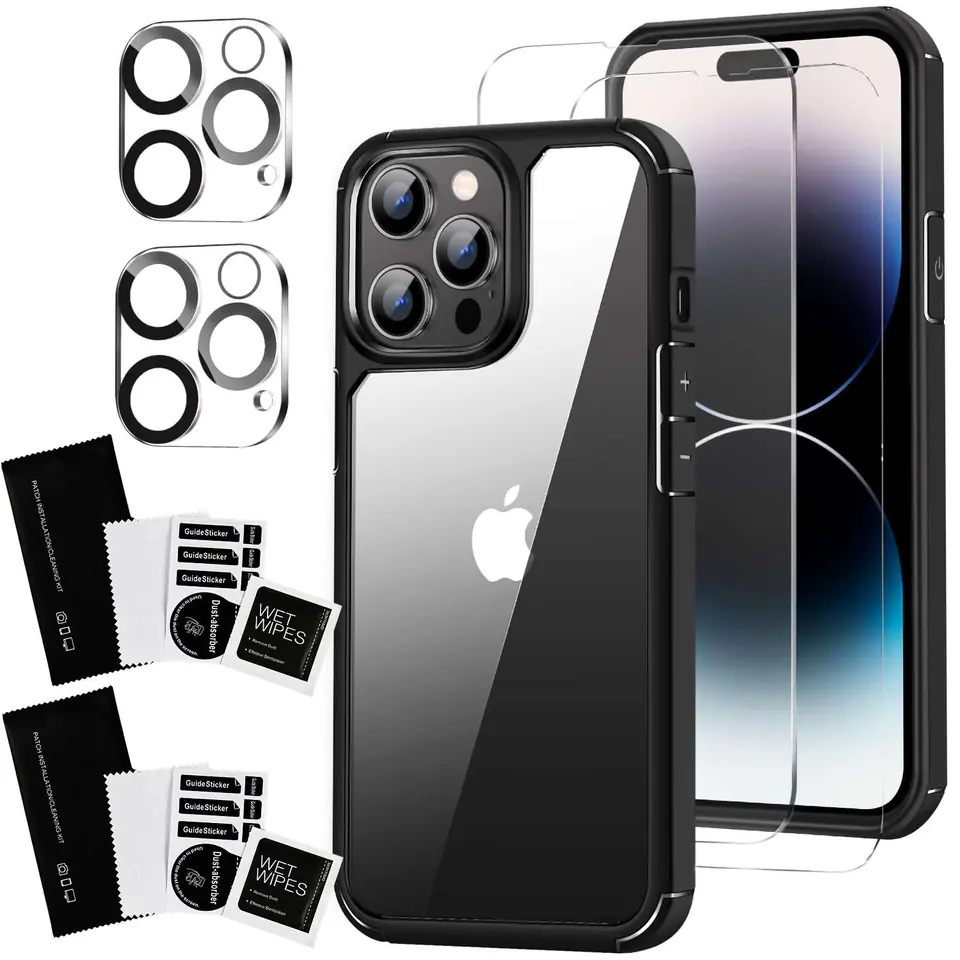 ⁨Etui Case do iPhone 14 Pro + zestaw 4 szkieł 5w1 pancerne 360 Alogy Hybrid 2x Szkło na ekran +2x obiektyw czarno-przezroczyste⁩ w sklepie Wasserman.eu