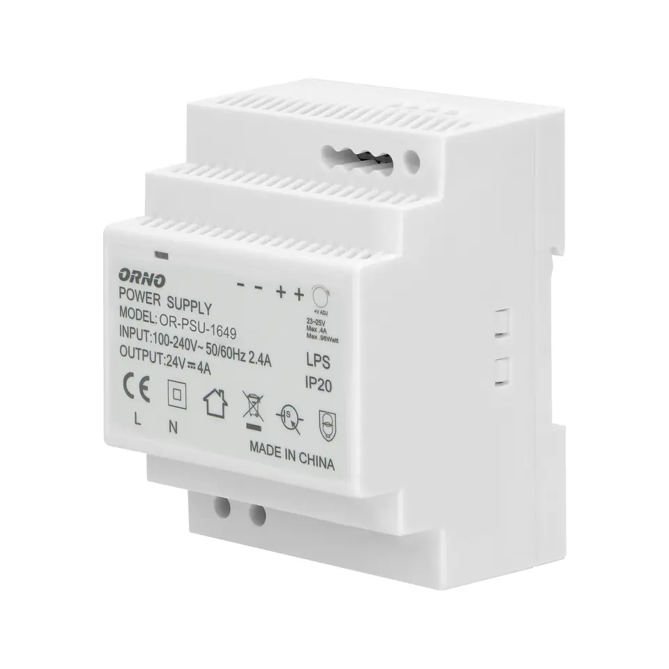 ⁨Zasilacz na szynę DIN 24VDC, 4A, 100W, szerokość 4 moduły⁩ w sklepie Wasserman.eu