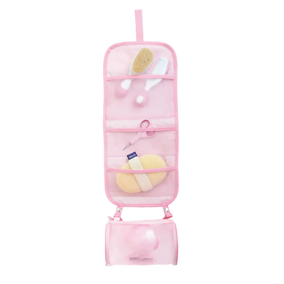 CHICCO 0M+ Zestaw kąpielowy w etui, różowy, szczotka, gąbka, termometr w sklepie Wasserman.eu