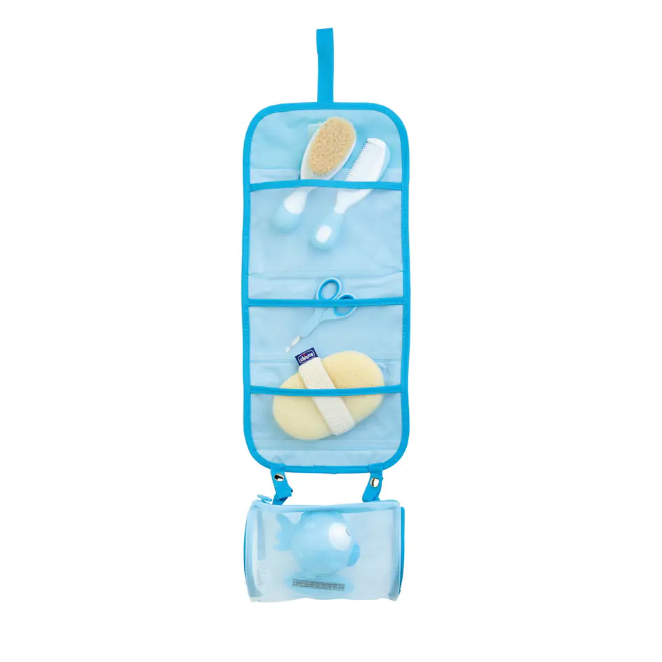 CHICCO 0M+ Zestaw kąpielowy w etui, niebieski, szczotka, gąbka, termometr w sklepie Wasserman.eu