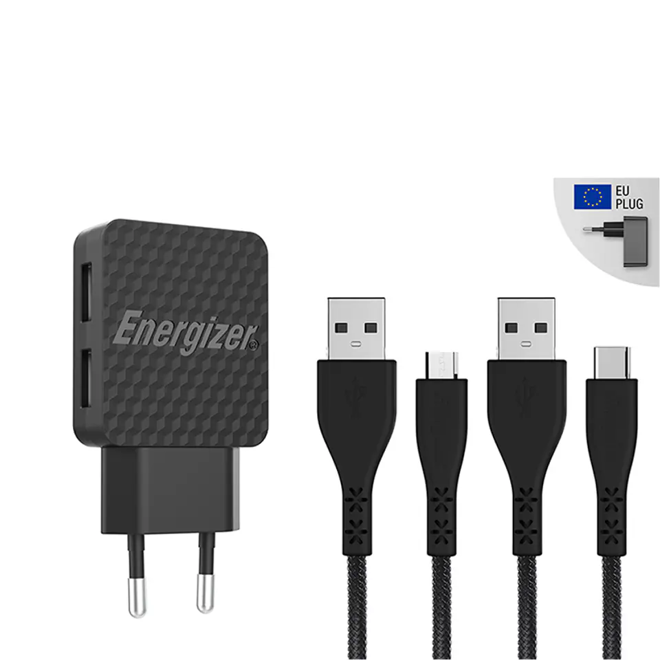 ⁨Energizer HardCase - Kompaktowa ładowarka sieciowa 2x USB-A + Kabel USB-C & Micro USB (Czarny)  dożywotnia gwarancja⁩ w sklepie Wasserman.eu