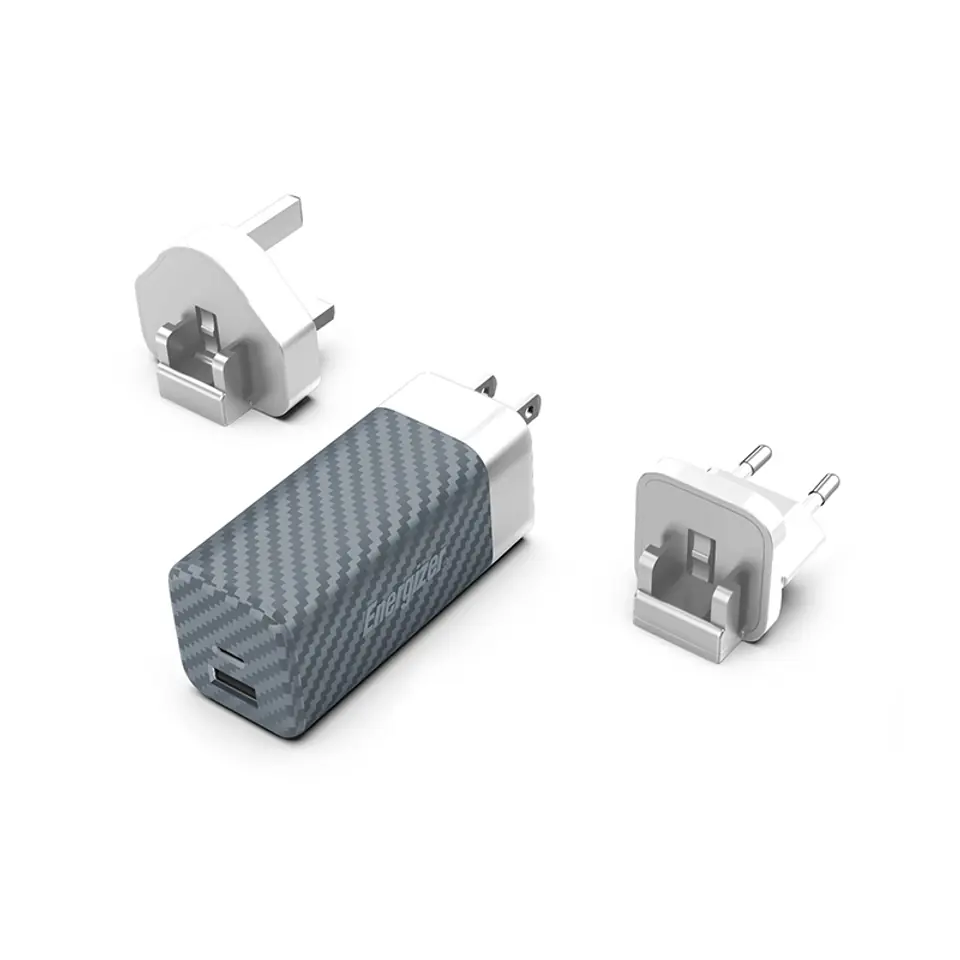 ⁨Energizer Ultimate - Ładowarka sieciowa podróżna Multiplug EU / UK / US GaN USB-C & USB-A 65W PD (Srebrny)⁩ w sklepie Wasserman.eu